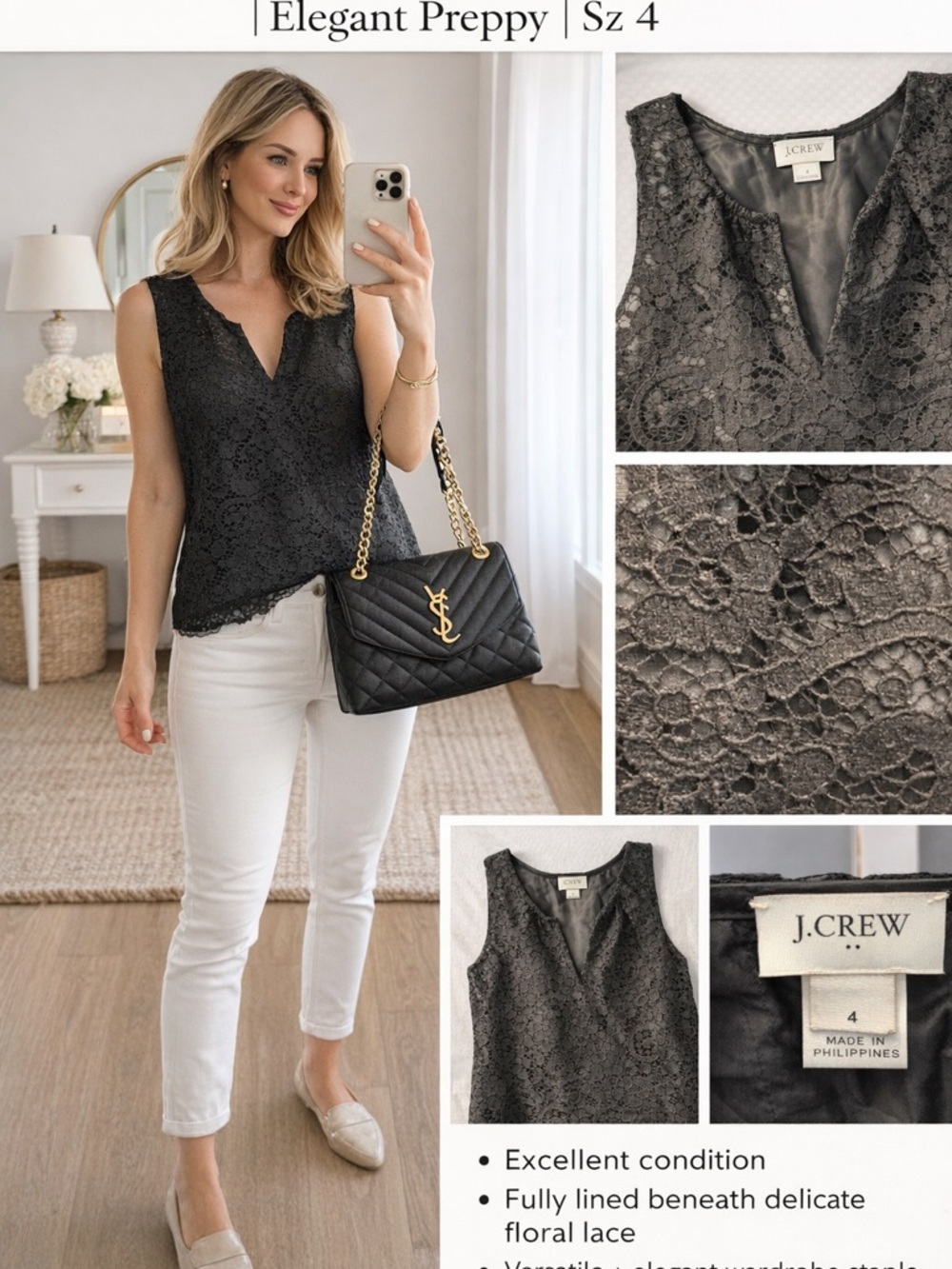 J.Crew Black Lace Sleeveless Top Size 4 | Chic Preppy Blouse